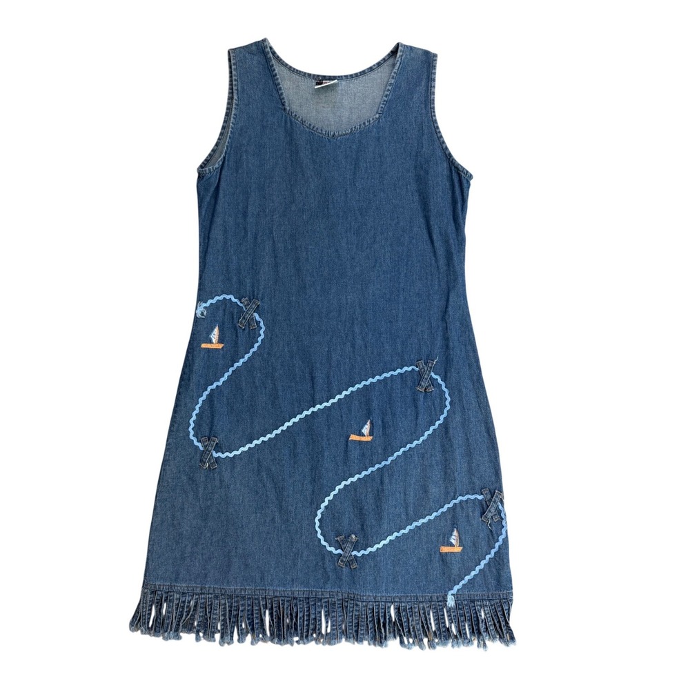 Vtg Denim Sailboat Embroidered Fringe Shift Dress Blue Small coastal western